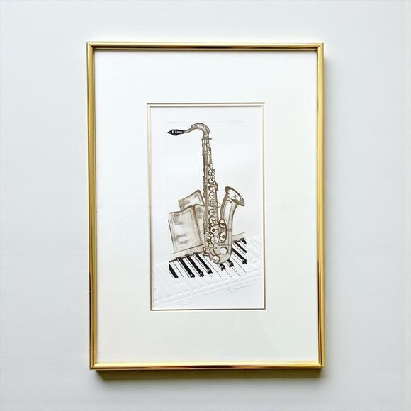 Francine Desbiens Other - Francine Desbiens “Saxophone” Signed & Framed Embossed Etching Print 16”x11”